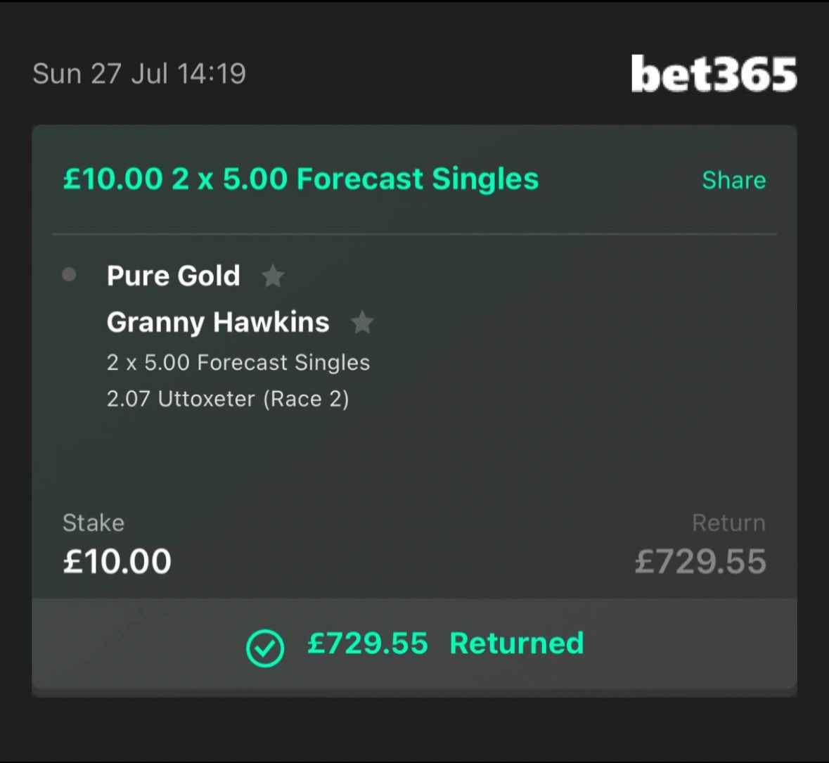 EvhTips's tweet image. 💥 FORECAST LANDED 💥
Pure Gold 🥇 ➕ Granny Hawkins 🥈
£10 ➡️ £729.55 return 💰🔥
Spotted a huge value angle in this race — Pure Gold was off the pace with ideal conditions, and Granny Hawkins had the best closing sectionals last time out.
They looked the standouts on form and…