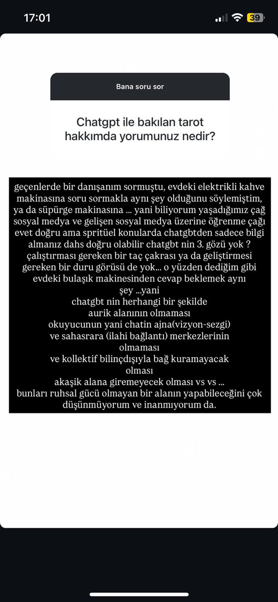 en çok merak edilen o soruyu cevaplamak istedim. 
özellikle chatgbt akaşik alana giremez... 
kişi duru görü yapıyorsa bu alanı tanır/bilir bu alanda yer edinirken. chat ruh ve enerji frekansına sahip olan bir boyut olmadığı için mümkün değildir. 

sorularınızı cevaplamamı