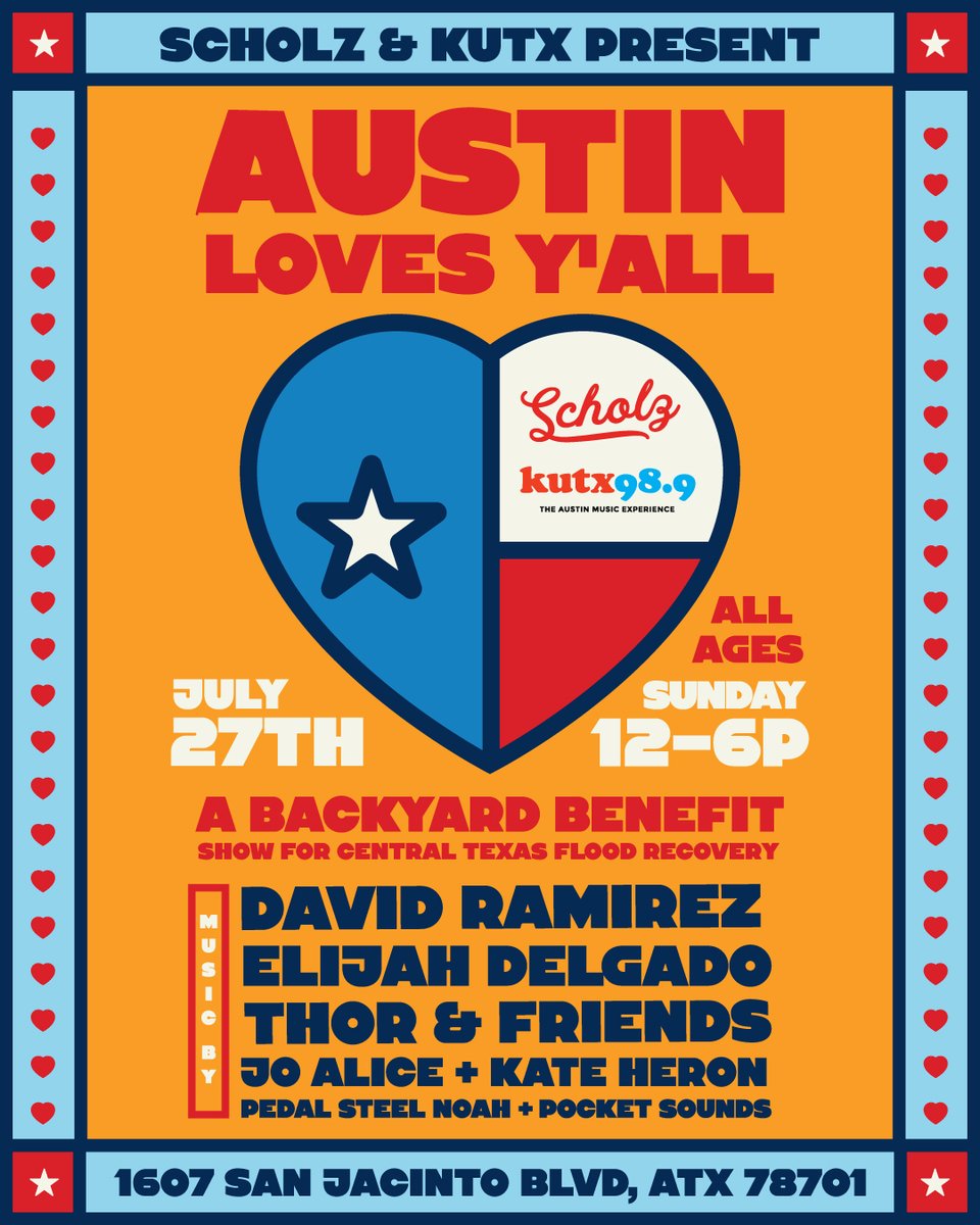 KUTX's tweet image. TODAY -- NOON TO 6PM! Scholz Garten & KUTX Present Austin Loves Y'all: A Backyard Benefit Show for Central Texas Flood Recovery! All ages. Featuring David Ramirez, Elijah Delgado, Jo Alice, Kate Heron, Pedal Steel Noah, and more! Get all the details: kutx.org/kutx-presents/…