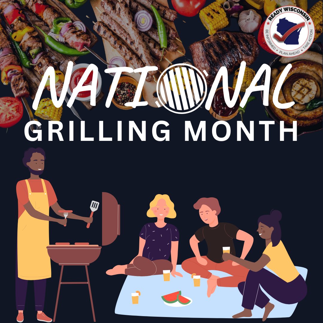 ReadyWisconsin's tweet image. Fire up the grill again today for National Grilling Month!
🌭 Only use grills outside & 10 feet away from anything it can burn
🐶 Don't let children & pets near the grill
👍 Clean it often to remove grease or fat build-up
#ReadyWI