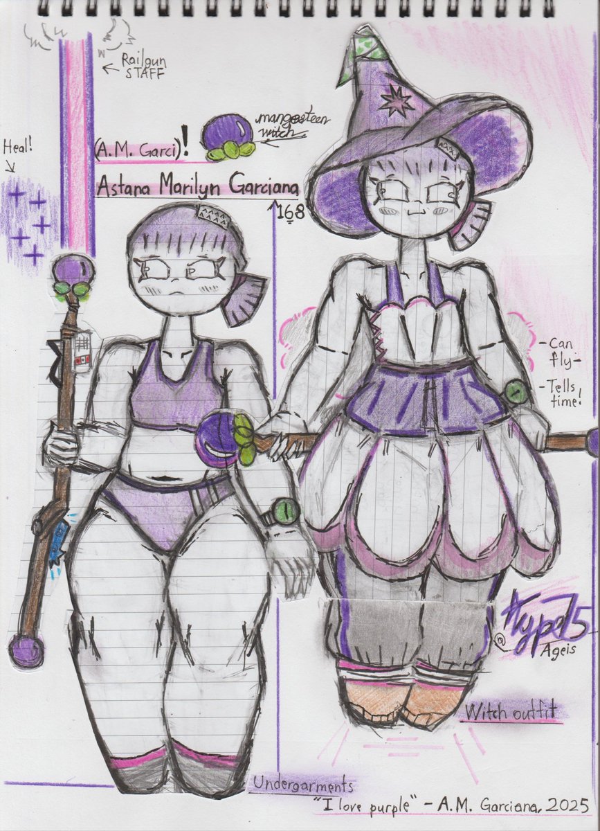 Type75Ageis's tweet image. Astana Marilyn Garciana! 🟣

She&apos;s a purple witch, she snaps people with her railSTAFF™. She&apos;s shy but not afraid to show off her power! 
#traditionalart #amgarci #collage