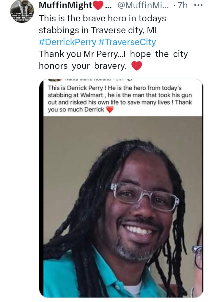 trendingblog247's tweet image. Derrick Perry is trending in The US that&apos;s the name of Traverse City resident who stopped the Walmart attacker with a firearm.

Derrick Perry, who had been shopping with his family when the attacker went on a stabbing spree, bravely intervened to subdue the suspect-who managed to…