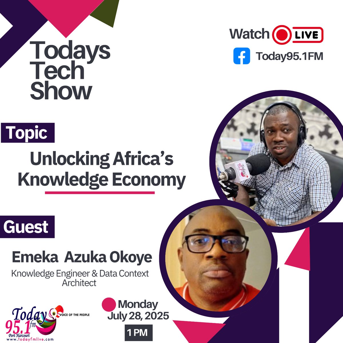 Today FM 95.1 (@todayfm951) on Twitter photo Join us Monday on #TodaysTechShow as we discuss how AI & Open Data can power Africa’s Knowledge Economy.
Guest: <a href="/EmekaOkoye/">Emeka Azuka Okoye</a> – Knowledge Engineer & AI Architect.
🗓 28th July 2025 | 🕐 1PM
#AIinAfrica #OpenData #TodayFM #DigitalAfrica Join us Monday on #TodaysTechShow as we discuss how AI & Open Data can power Africa’s Knowledge Economy.
Guest: <a href="/EmekaOkoye/">Emeka Azuka Okoye</a> – Knowledge Engineer & AI Architect.
🗓 28th July 2025 | 🕐 1PM
#AIinAfrica #OpenData #TodayFM #DigitalAfrica