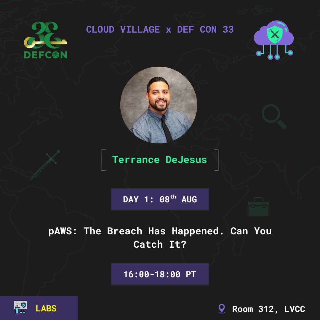 🚨 Join <a href="/_xDeJesus/">Terrance DeJesus</a> at Cloud Village Investigation Labs <a href="/defcon/">DEF CON</a> 33!
🔍 “pAWS: The Breach Has Happened. Can You Catch It?”
🛡️ Hunt threats across AWS, identity &amp; hybrid networks using Elastic dashboards
🗓️ Aug 8 | 🕓 4–6 PM PT
📍 Room 312
🔗 cloud-village.org/dc33
#DEFCON33