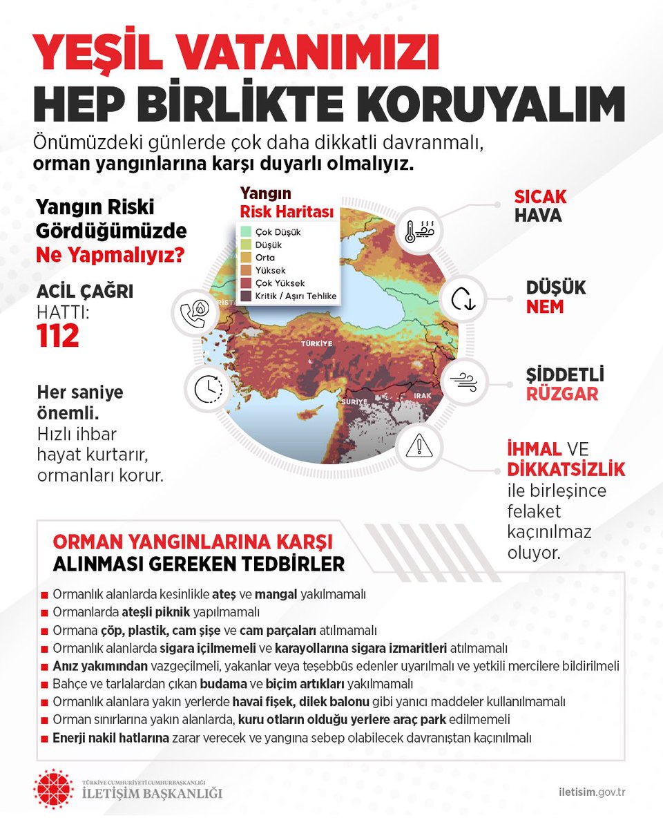 YEŞİL VATANIMIZI HEP BİRLİKTE KORUYALIM 🌲🌳

📌Orman Yangınlarına Karşı Alınması Gereken Tedbirler👇

✅️Ormanlık alanlarda kesinlikle ateş ve mangal yakılmamalı,🔥

✅️Ormanlarda ateşli piknik yapılmamalı,

✅️Ormana çöp, plastik, cam şişe ve cam parçaları atılmamalı,🚯