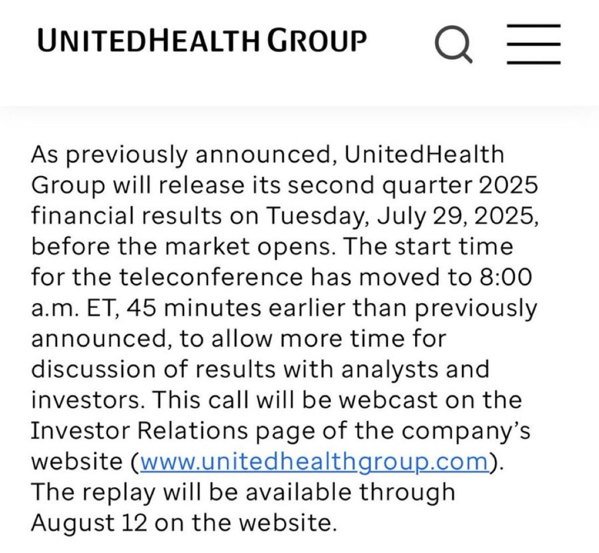 PharmDabbler's tweet image. $UNH Moving up earnings call to 0800 on 7/29/25 to allow for 45 more minutes of discussion/questions.
Will have all eyes on this call.