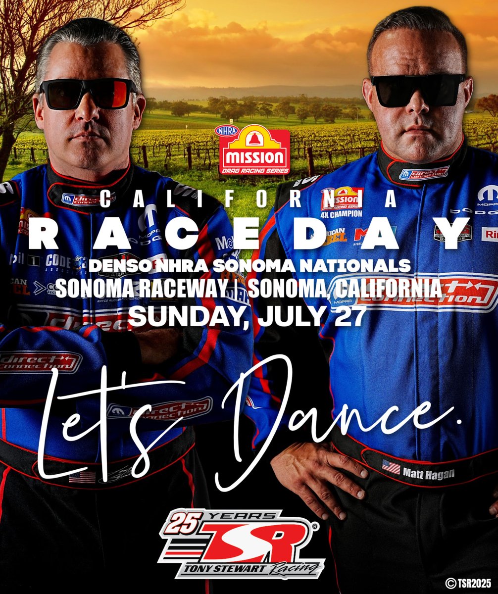 Tony Stewart Racing Nitro (@tsrnitro) on Twitter photo Happy Race Day from wine country! <a href="/TonyStewart/">Tony Stewart</a> will be piloting the <a href="/Mobil1/">Mobil 1</a> machine and <a href="/MattHagan_FC/">Matt Hagan</a> will be driving the <a href="/jhgdriven/">Johnson's Horsepowered Garage</a> Funny Car for today's #SonomaNats.
#TSRnitro | #NHRA | #Dodge | <a href="/mobil1racing/">Mobil 1 Racing</a> Happy Race Day from wine country! <a href="/TonyStewart/">Tony Stewart</a> will be piloting the <a href="/Mobil1/">Mobil 1</a> machine and <a href="/MattHagan_FC/">Matt Hagan</a> will be driving the <a href="/jhgdriven/">Johnson's Horsepowered Garage</a> Funny Car for today's #SonomaNats.
#TSRnitro | #NHRA | #Dodge | <a href="/mobil1racing/">Mobil 1 Racing</a>