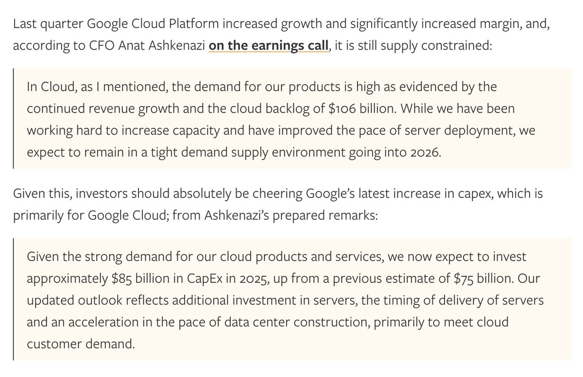 SeekingN0rth's tweet image. This is perhaps the most important piece from Google's latest results.
Google is dropping $85B on AI and cloud this year—$10B higher than their last forecast. But maybe the real risk isn’t overspending, but not spending enough. Sharp, nuanced take on the AI arms race by…