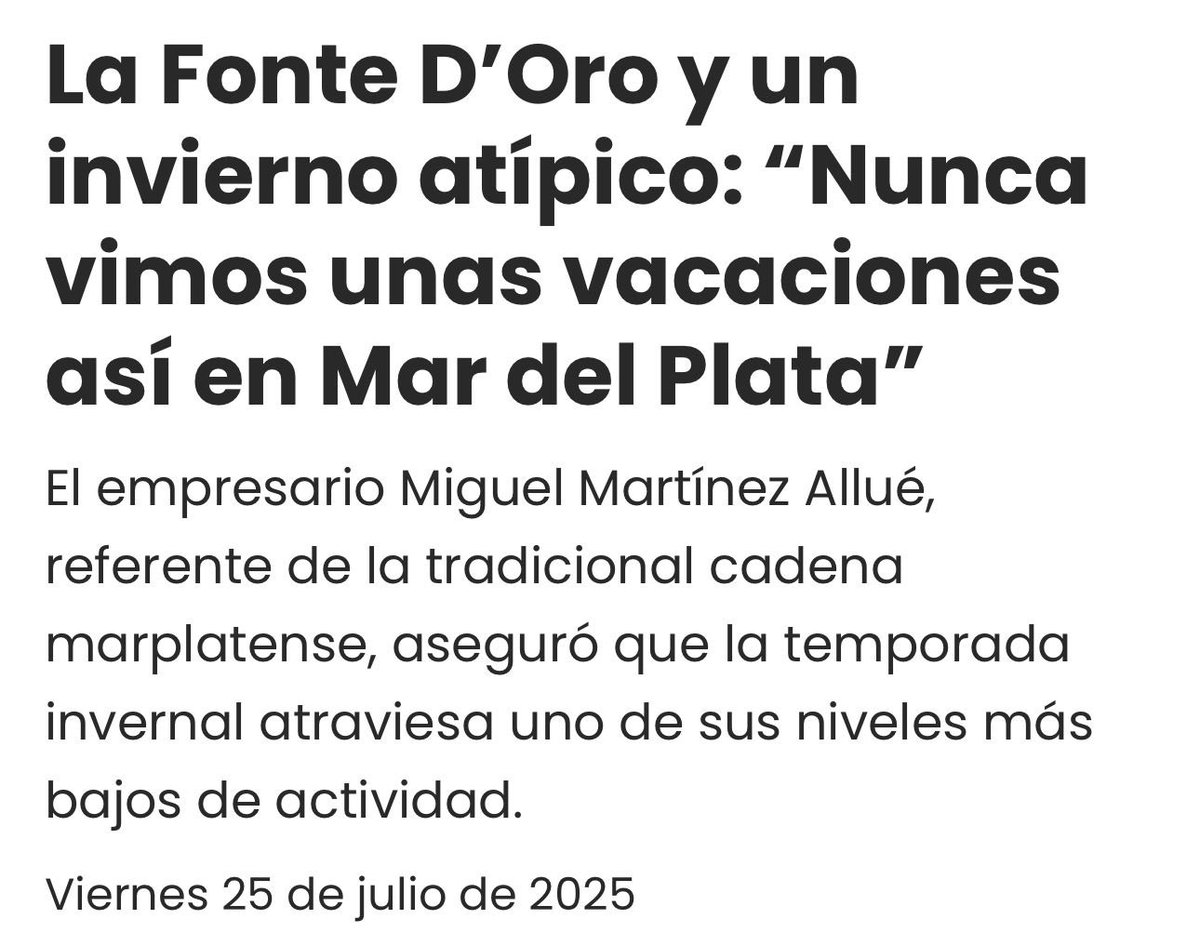 FerRaverta's tweet image. Escribo esto con mucha tristeza.
Porque sé lo que significa para miles de trabajadores y trabajadoras de Mar del Plata.
Hoy, la ocupación hotelera en estas vacaciones de invierno es la más baja de los últimos 20 años.
Sí, 20 años.
Solo el 35% de los hoteles está ocupado.
Y…