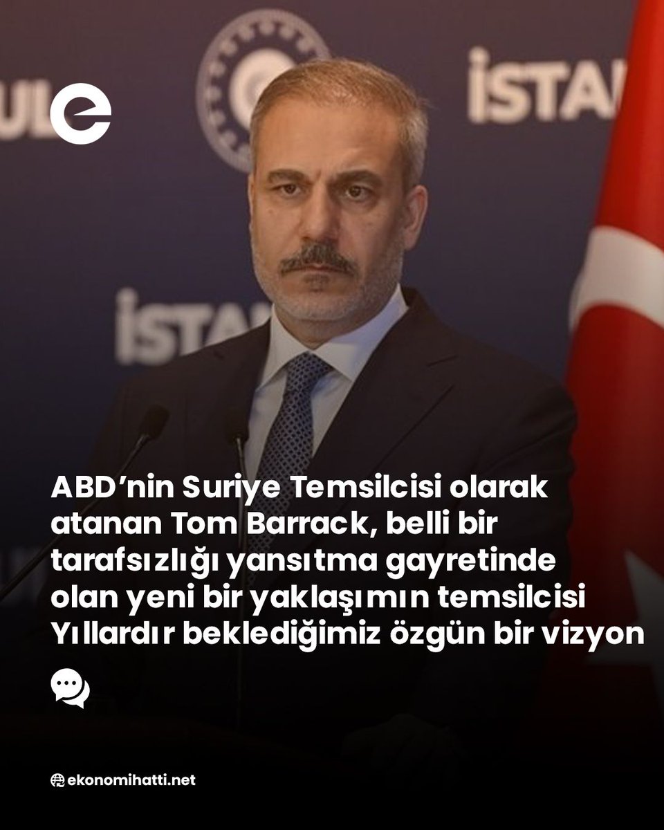 ⭕️ Dışişleri Bakanı Hakan Fidan:

🗣️ "ABD’nin Suriye Temsilcisi olarak atanan Tom Barrack, belli bir tarafsızlığı yansıtma gayretinde olan yeni bir yaklaşımın temsilcisi. Yıllardır beklediğimiz özgün bir vizyon”