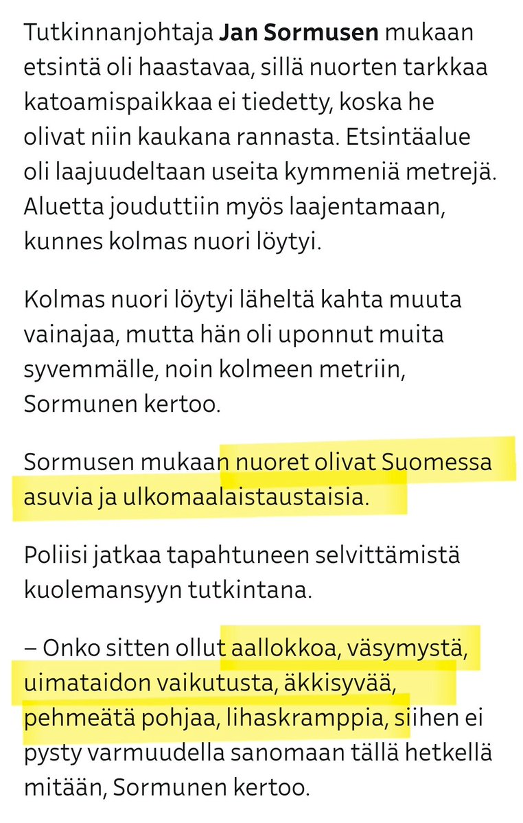 smlmkl's tweet image. Tuo Kalajoen keissi oli taas kovin surullinen. Ollu kaikilla kolmella varmaan samanaikaisesti lihaskramppia, väsymystä, aallokkoa, pehmeää pohjaa ja äkkisyvää.
Kolmen metrin syvyydessä alkaa kyllä väsyttää.