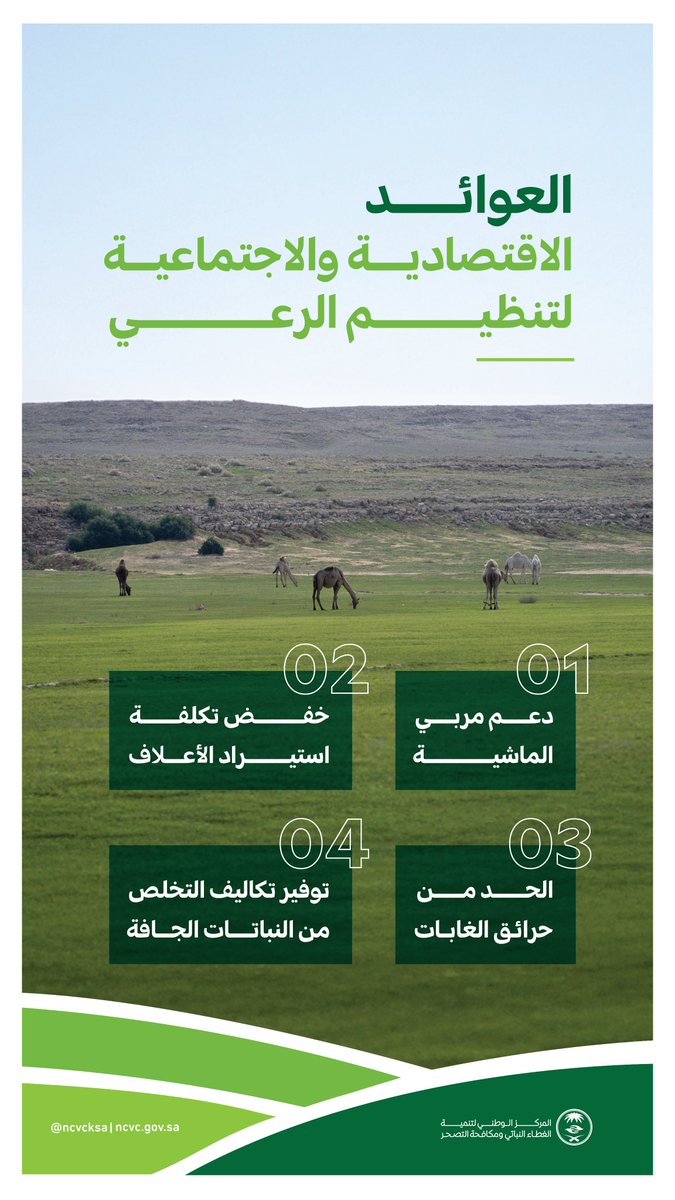 ncvcksa's tweet image. تنظيم الرعي خُطوة أساسية في طريق دعم المجتمعات المحلية، وتعزيز الأمن الغذائي واستدامة الموارد الطبيعية..
معًا نحافظ على ثرواتنا الطبيعية و #ننميها_للغد