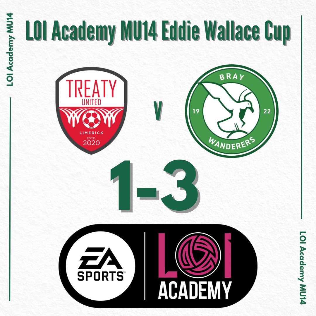 BrayWanderers's tweet image. 𝐈𝐧𝐭𝐨 𝐭𝐡𝐞 𝐐𝐮𝐚𝐫𝐭𝐞𝐫 𝐅𝐢𝐧𝐚𝐥𝐬

U14 𝐄𝐝𝐝𝐢𝐞 𝐖𝐚𝐥𝐥𝐚𝐜𝐞 𝐂𝐮𝐩

Full Time at Hogan Park 

Treaty United 1 Bray Wanderers 3