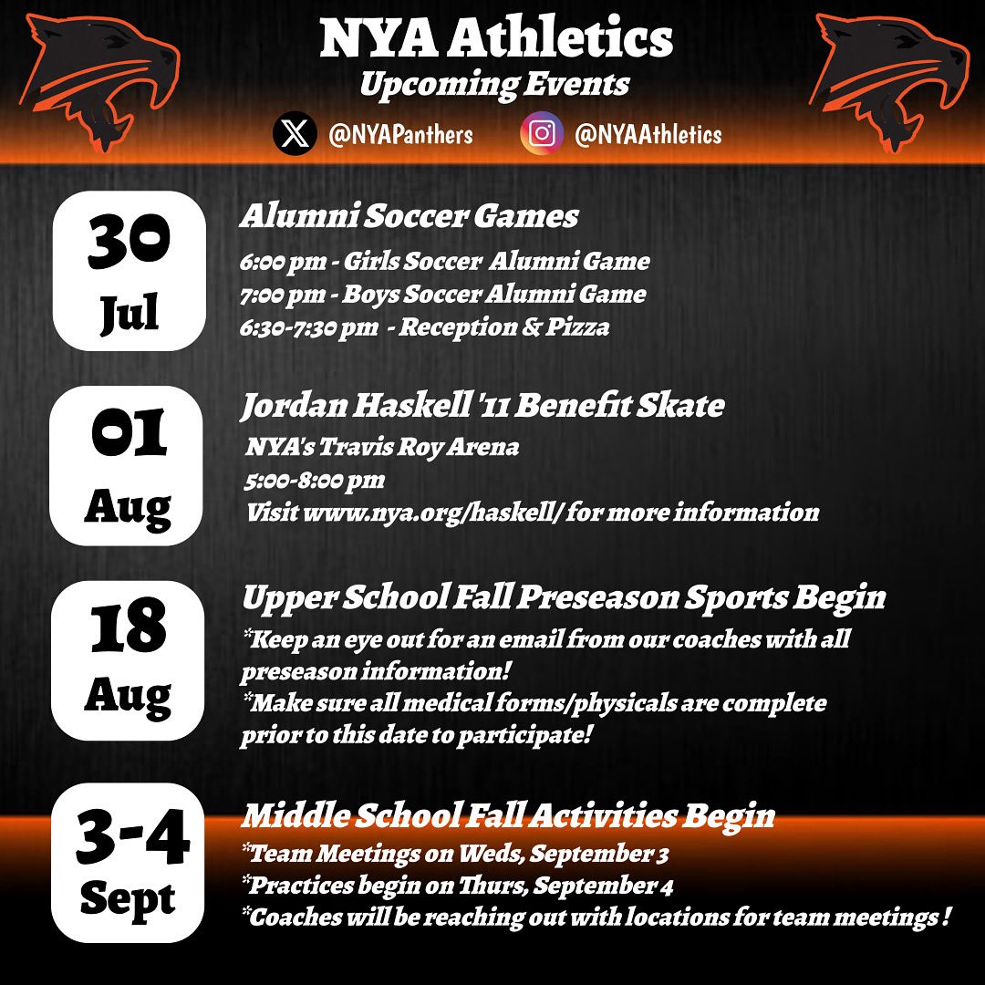 We have a busy slate of events on campus over the next month! Check out some of the great events coming up, starting this week with our annual NYA Soccer Alumni Games on Wednesday and a special Benefit Skate on Friday for Jordan Haskell ‘11. 

Go Panthers! 🧡🖤