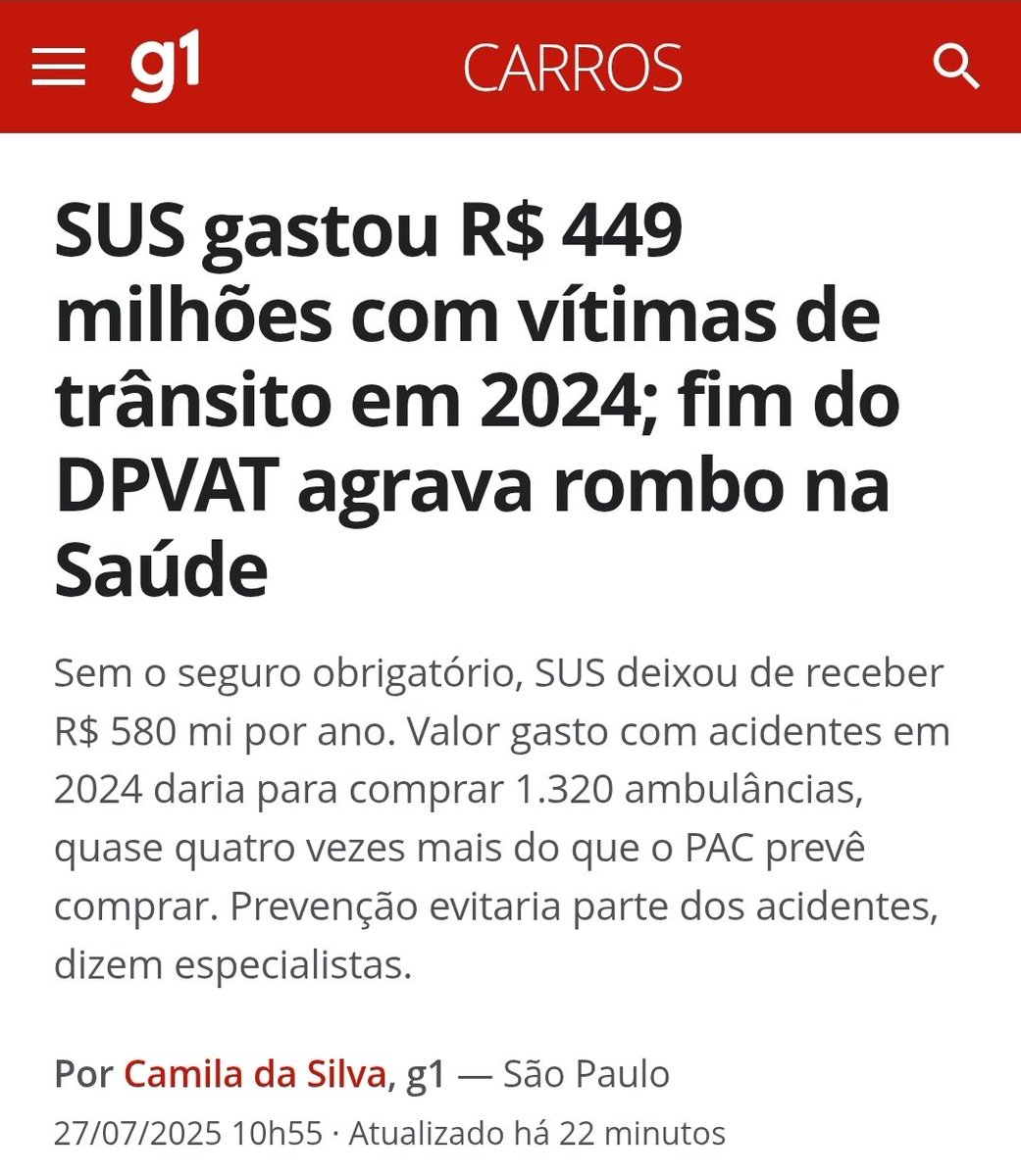 2019: Bolsonaro acaba com o Dpvat.

2024: Fim do Dpvat agrava rombo na Saúde.

🤡