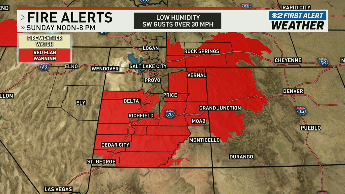 KUTV2News's tweet image. A Red Flag Warning has been extended through 9 p.m. Sunday for most of Utah, as critical fire weather conditions continue to threaten southern, central, and eastern parts of the state, along with southwest Wyoming.
FULL STORY: bit.ly/4lRyMJM