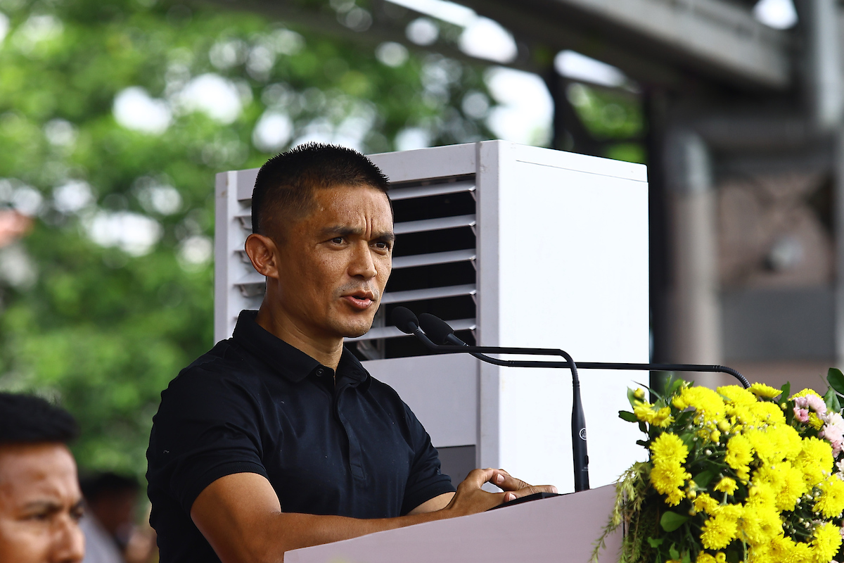 KhelNow's tweet image. Sunil Chhetri attended the Durand Cup 2025 opener in Kokrajhar as the chief guest as Indo Tibetan Border Police FT played Karbi Anglong Morning Star at the SAI Stadium.

#IndianFootball #IndianFootballTeam #SC11