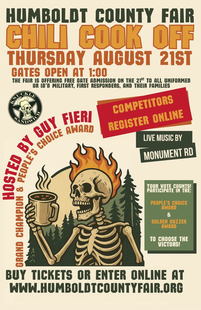 GuyFieri's tweet image. Flavortown residents
We are looking for real deal chili teams to compete in the cook off!!
Great money and prizes and I’ll be there hosting the event
Come on down and compete or come try some amazing chili!!
It’s gonna be off da hook
humboldtcountyfair.org/fair-info/chil…