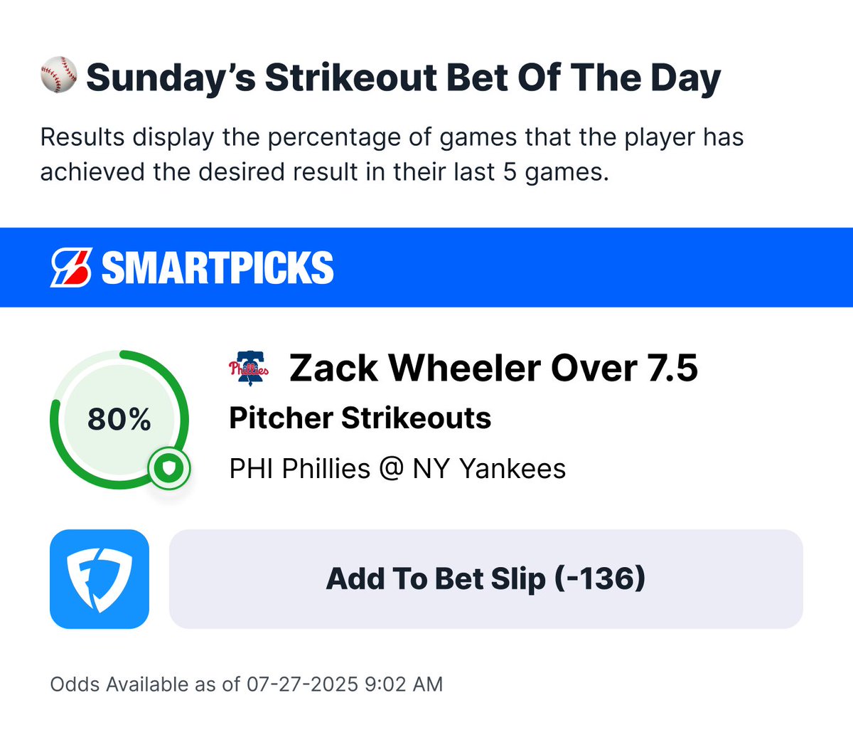 FlashPicks ⚡️ (@flashpicks) on Twitter photo Sunday's <a href="/SmartPicksPro/">SmartPicks⚡️</a> K BOTD ⚾️📊
We're backing Zack Wheeler to throw over 7.5 strikeouts today vs NYY. The Yankees rank 6th in K's allowed this season! 🎯
Hit ❤️ if you're tailing! Sunday's <a href="/SmartPicksPro/">SmartPicks⚡️</a> K BOTD ⚾️📊
We're backing Zack Wheeler to throw over 7.5 strikeouts today vs NYY. The Yankees rank 6th in K's allowed this season! 🎯
Hit ❤️ if you're tailing!
