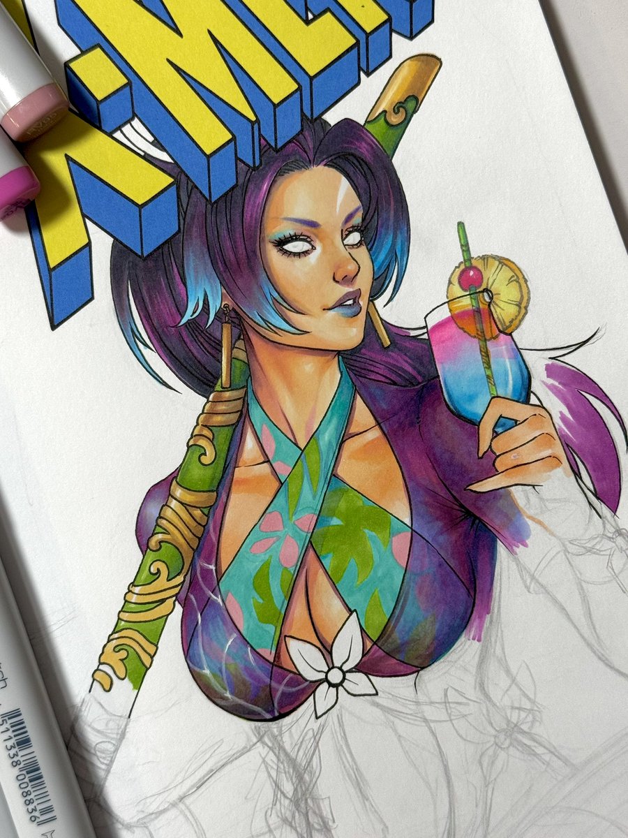 ericwjchen's tweet image. Psylocke Swimsuit version from Marvel Rivals.
Hope to wrap this wip up soon!
Copic markers and ink on a X-Men blank comic sketch cover.