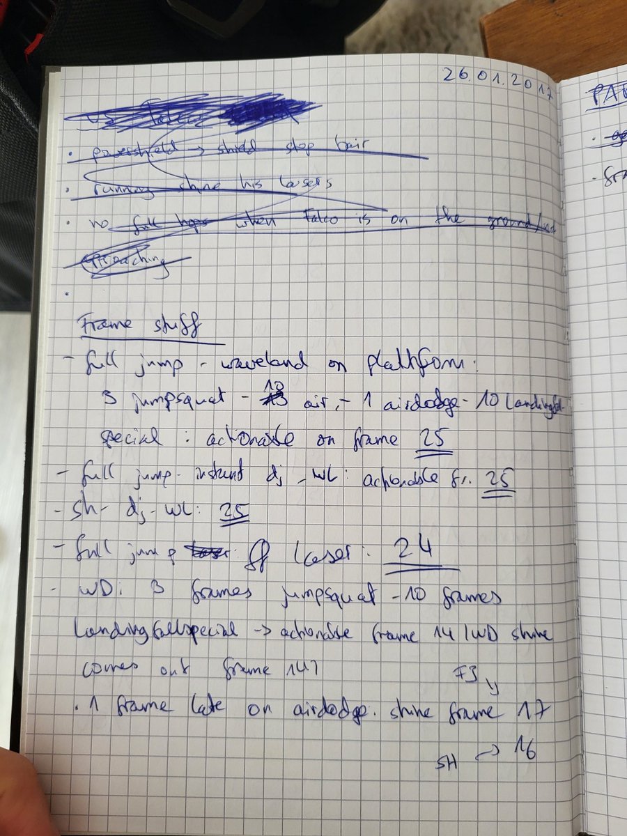 Found my old Melee notebook from late 2016. It starts with the words "no fear" and then lists Fox's upsmash KO percentages for PAL Melee. Extremely epic