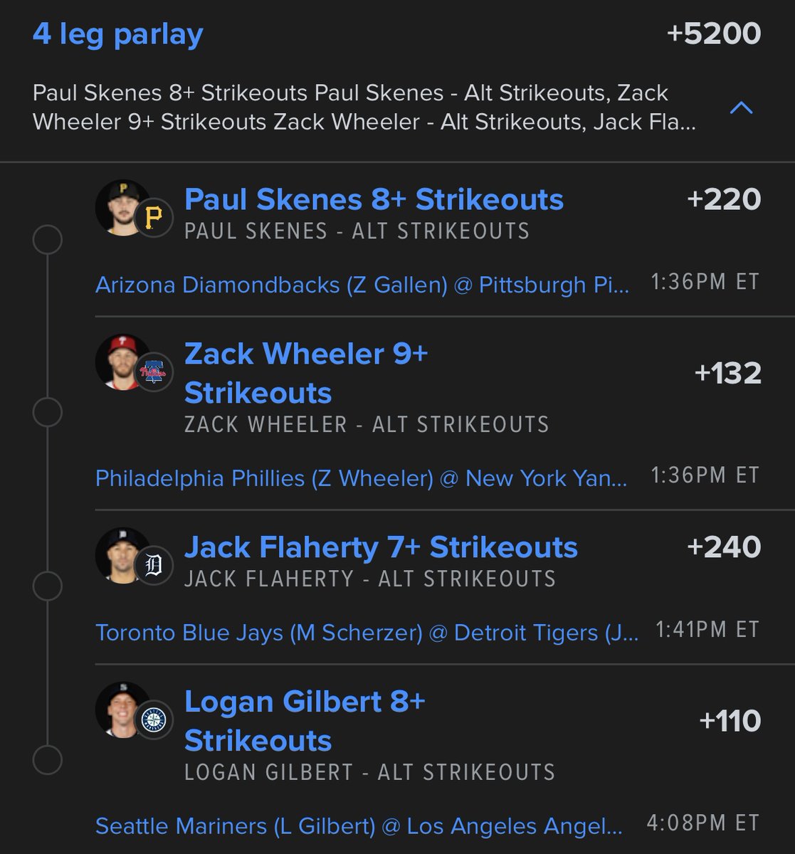 Lottolocks's tweet image. +5200 #MLB ⚾️ STRIKEOUT LOTTO 🔥
LIKE for $100 if we cash 💵💵💵
Link to tail 👇
betfinder.short.gy/Mc5jaa
#GamblingX