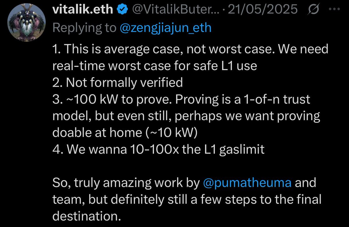 AThryver's tweet image. Barely 2months since this Vitalik’s comment on @SuccinctLabs.
What has changed since then?
• Formal verification of SP1’s correctness has begun, with Nethermind proving key components ✅
• The Succinct Prover Network launched on testnet, significantly reducing proving…