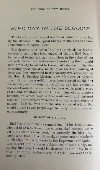CumbCoHistSoc's tweet photo. Have you ever heard of Bird Day? This introductory passage in The Birds of New Jersey (1896) includes an earlier message from the Division of Biological Survey of the United States Department of Agriculture, wherein the Department, inspired by the success of Arbor Day, https://t.co/qSEiVwoDRi