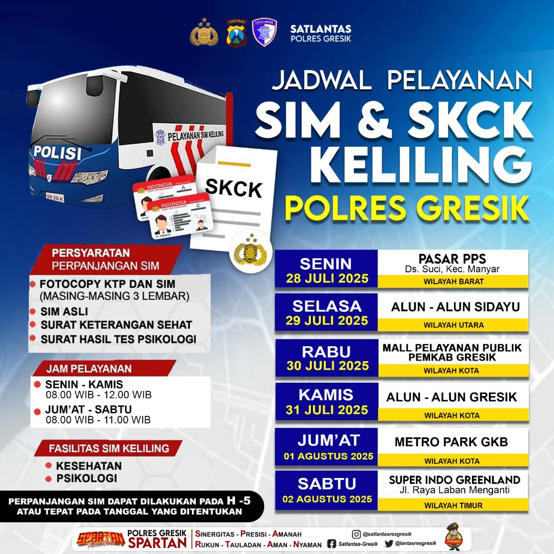 SekPangkahGrs's tweet image. Hallo Rekk!!
Jadwal Sim Keliling untuk pekan depan (28 Juli - 02 Agustus 2025) sudah keluar. Catat tanggal dan lokasinya, ya! Jangan sampai kelewatan, ya☺️
#simkelilinggresik #gresik #satlantaspolresgresik #polresgresik #spartan #polsekujungpangkah #mapolsekujungpangkah