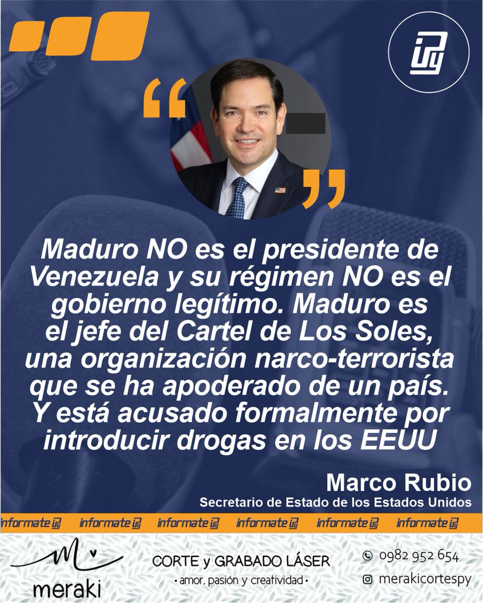 InformatePy1's tweet image. 🇺🇸🇻🇪 | MARCO RUBIO SEÑALA A MADURO COMO LIDER CRIMINAL, NO MANDATARIO
El secretario de Estado estadounidense, Marco Rubio, calificó en sus redes sociales a Nicolás Maduro de líder de una organización criminal y afirmó que no es el presidente legítimo de Venezuela.