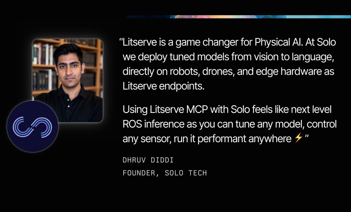 LightningAI's tweet image. Developers are using LitServe to deploy GenAI models in minutes, not days.
🚀 Fast setup, zero mlops fuss
⚙️ Flexible config
📦 Deploy to cloud, edge, or anywhere in between
📈 Proven performance at scale
Trusted by founders + engineers building:
🧠 Physical AI (@GetSoloTech)…