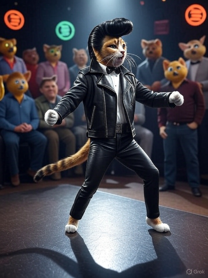 aetwac's tweet photo. Just practicing my leg shake. It's not scandalous, it's rock 'n' roll! The King taught me well. ๐
#solana #CatsOfX #FunnyCats #Elvis #RocknRoll #LukaTheTomcat #memesonsol https://t.co/h9jMuInihf