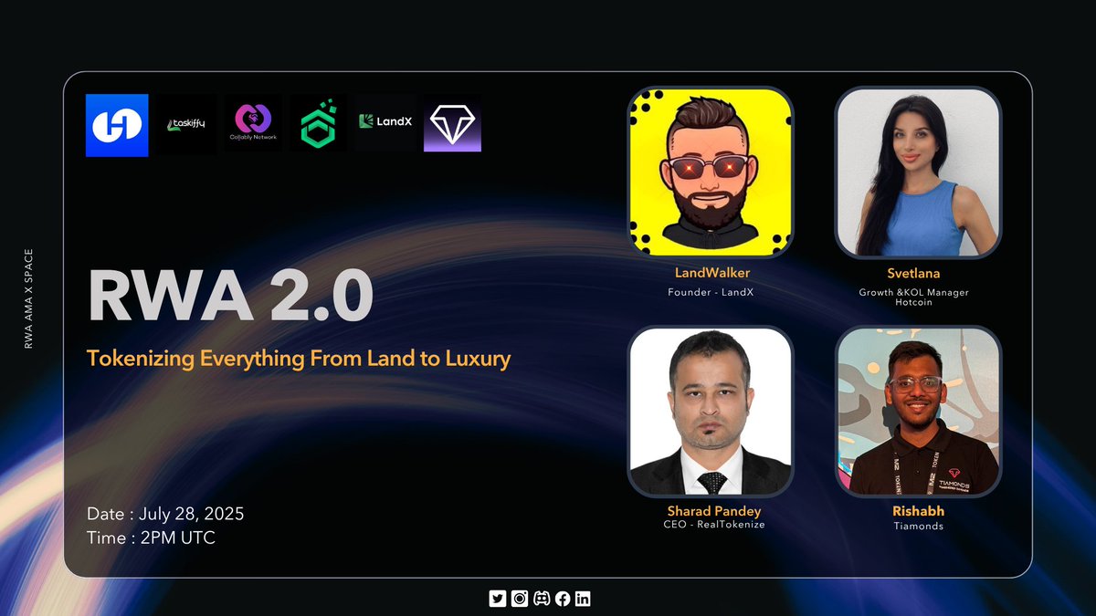 CollablyNetwork's tweet image. 🚨 Twitter Space Alert – RWA 2.0 is Here 🚨
x.com/i/spaces/1mnGe…
The future of finance is getting real – literally.
Join us as we explore how top Web3 projects are tokenizing real-world assets like land, diamonds, and real estate.
🧩 Featured Projects: @HotcoinGlobal |…
