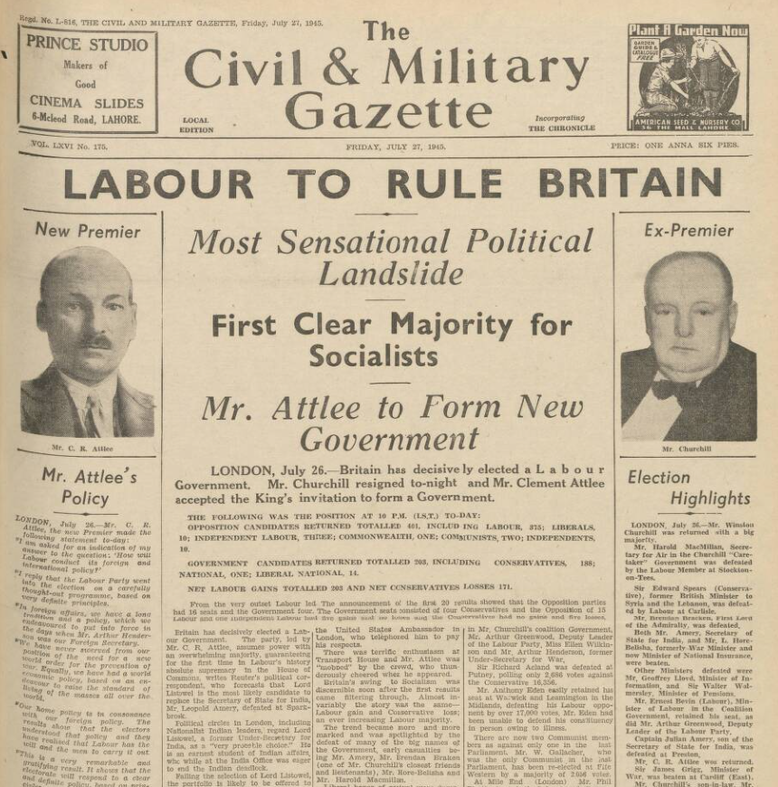 #OTD 80 years ago, Lahore's Civil &amp; Military Gazette, 27 July 1945, reported on the 'most sensational political landslide,' with Clement Attlee ousting Winston Churchill as Prime Minister bit.ly/4o0JY8d #PoliticalHistory