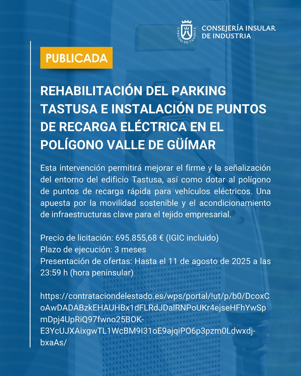 🔔 El compromiso del Cabildo de Tenerife con la modernización de las infraestructuras industriales sigue avanzando.

📎 Consulta toda la información en la Plataforma de Contratación del Estado: contrataciondelestado.es/wps/portal/!ut…