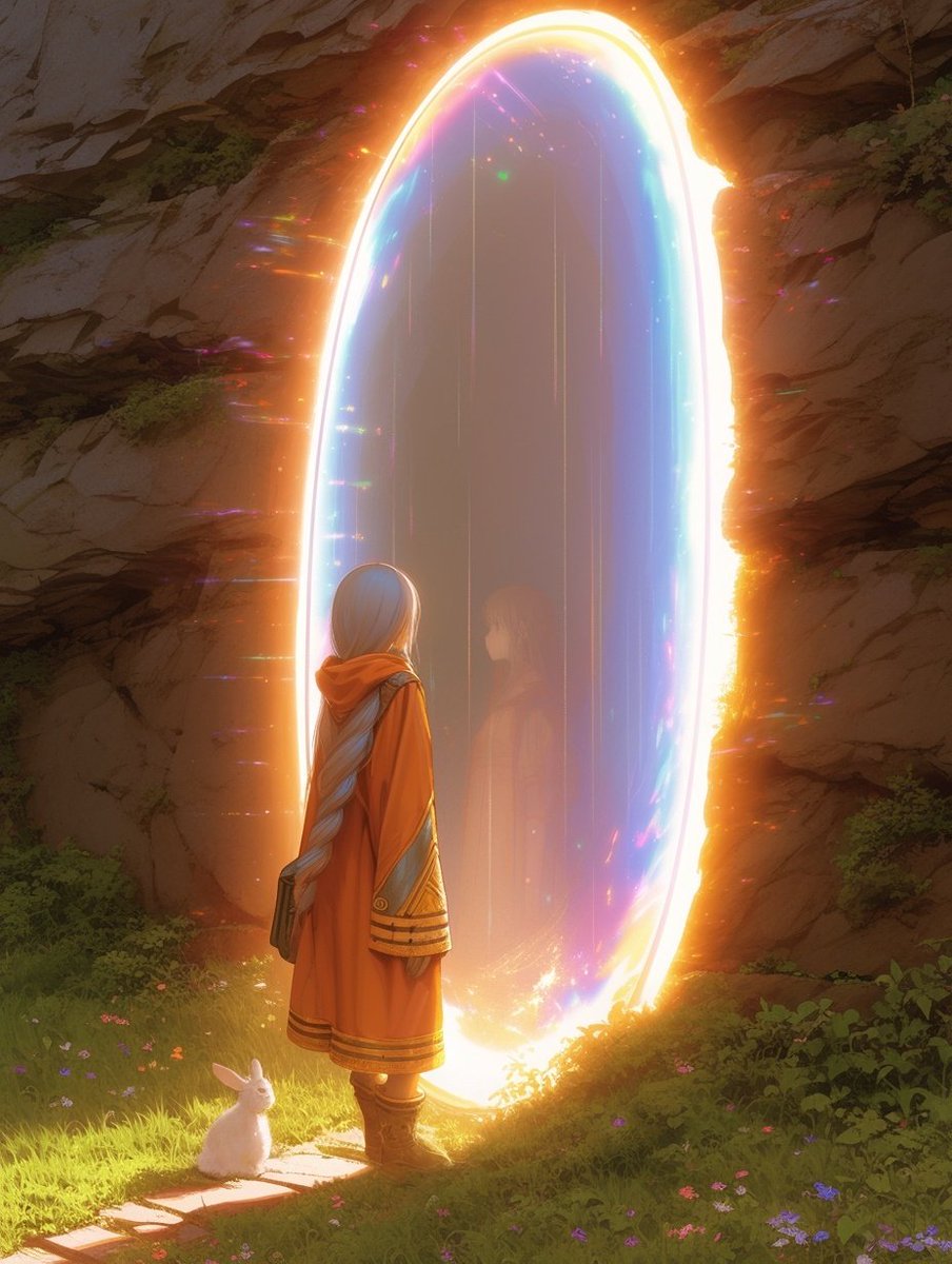 kzn802's tweet image. #nijiの異世界転生
title:光の門をくぐる時
story:森の奥深く、静かな岩壁に突然現れた謎めいた光の門。特別な力を宿した少女・リーナは、古い本に導かれるまま、白いウサギと共に門の前に立つ。光の門は現実と異世界をつなぐ扉であり、その向こう側からは自分自身の影のような存在が呼びかけている。…