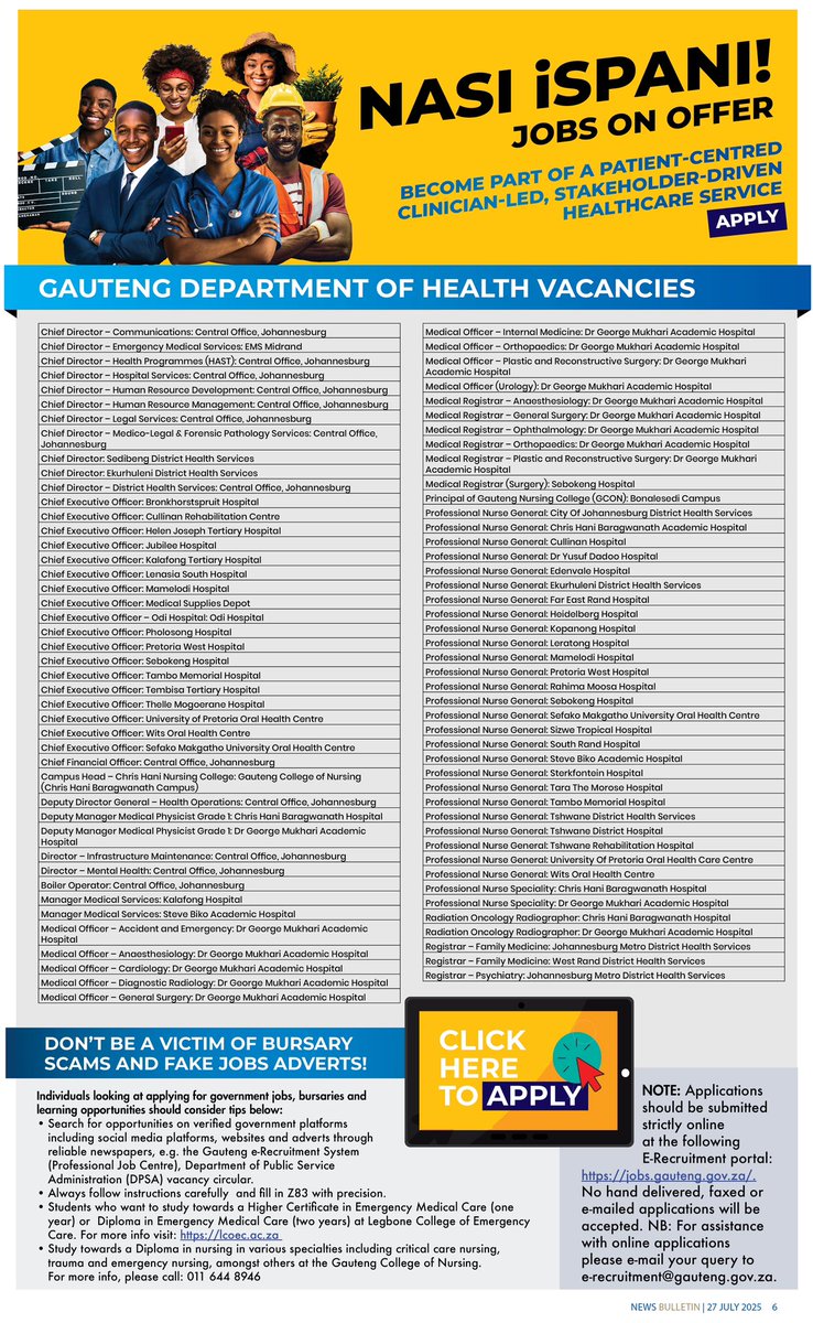 🚨GAUTENG, NASI ISPANI🚨

Join a patient-centred, clinician-led healthcare team in Gauteng! 🏥

From executive leadership to frontline clinical roles - opportunities across the province await you. 🧑‍⚕️👩‍⚕️ 🩺🥼🦷

📍 Apply online: jobs.gauteng.gov.za 

#NasiIspani #AsibeHealthyGP