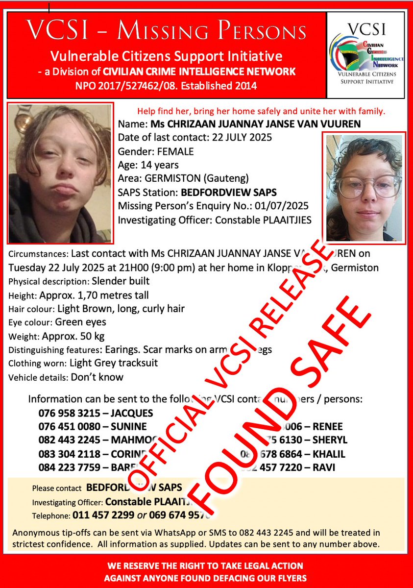 SCP_SECURITY's tweet image. ✅ Missing Person Found Safe ✅
We are relieved to report that the missing person has been found safe.
🙏 Thank you to everyone who assisted and shared the information. Your support makes a difference!
#MissingPerson #FoundSafe #CommunitySupport#VCSI