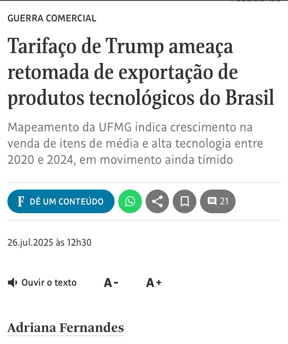 Conversei com a <a href="/AFernandes/">Adriana Fernandes</a> sobre a nova nota técnica do <a href="/obd_cedeplar/">Observatório do Desenvolvimento</a>.

“Radiografia da pauta de exportação brasileira aponta o início de um processo de reorientação de rota na direção do crescimento das vendas de produtos tecnológicos ao exterior”
www1.folha.uol.com.br/mercado/2025/0…