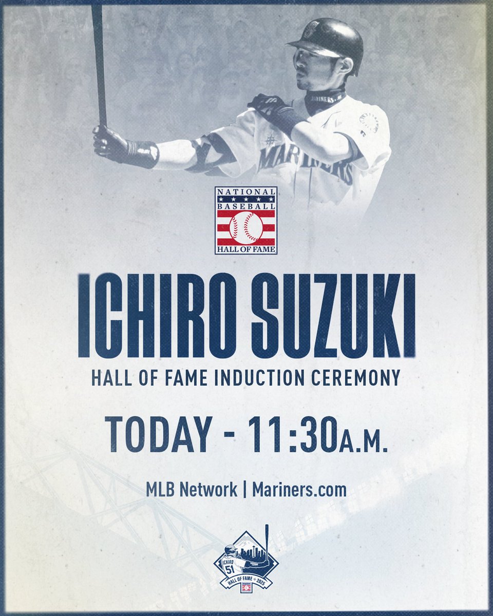 You don’t want to miss this.

Ichiro and the Class of 2025 officially enter the <a href="/baseballhall/">National Baseball Hall of Fame and Museum ⚾</a> beginning at 11:30 a.m. PT, live on <a href="/MLBNetwork/">MLB Network</a> and Mariners.com. #IchiroHOF
