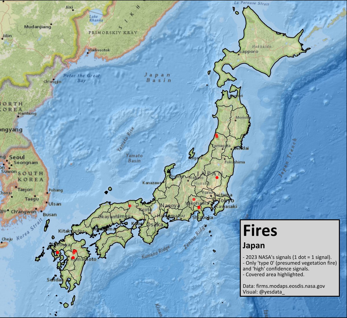 🧯 Series: Fires (No. 4) - Japan

NASA uses its satellites to detect sources of heat on Earth. 

This map shows 2023 signals. It only shows 'type 0' heat sources (presumed vegetation fire) with confidence 'h' (high).

🔧 Tools: Python (Geopandas, Shapely, Contextily)