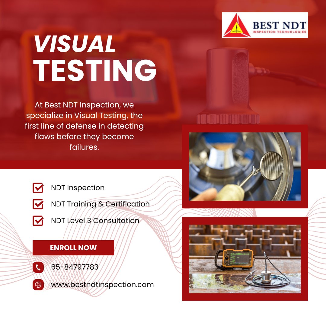 bestndtsg's tweet image. 👁️ See Beyond the Surface with Visual Testing! 🔍
At Best NDT Inspection, we specialize in Visual Testing, the first line of defense in detecting flaws before they become failures.
💼 Trust the experts. Visit 👉 bestndtinspection.com
#VisualTesting #NDT #BestNDTInspection