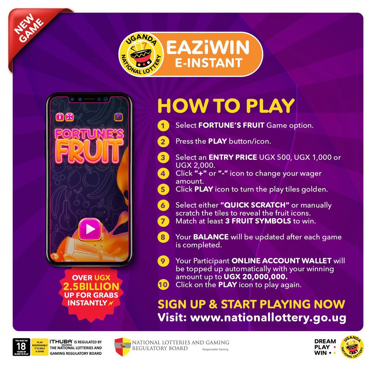 AherezaJanice's tweet image. Check how you can play Fortune’s Fruit on your phone/laptop and stand a chance of winning up to UGX 20 Million!
➡️ Register/login here bit.ly/46e5yh6 to play FORTUNE’S FRUIT
Play responsibly.
#UgandaNationalLottery
#EAZiWIN