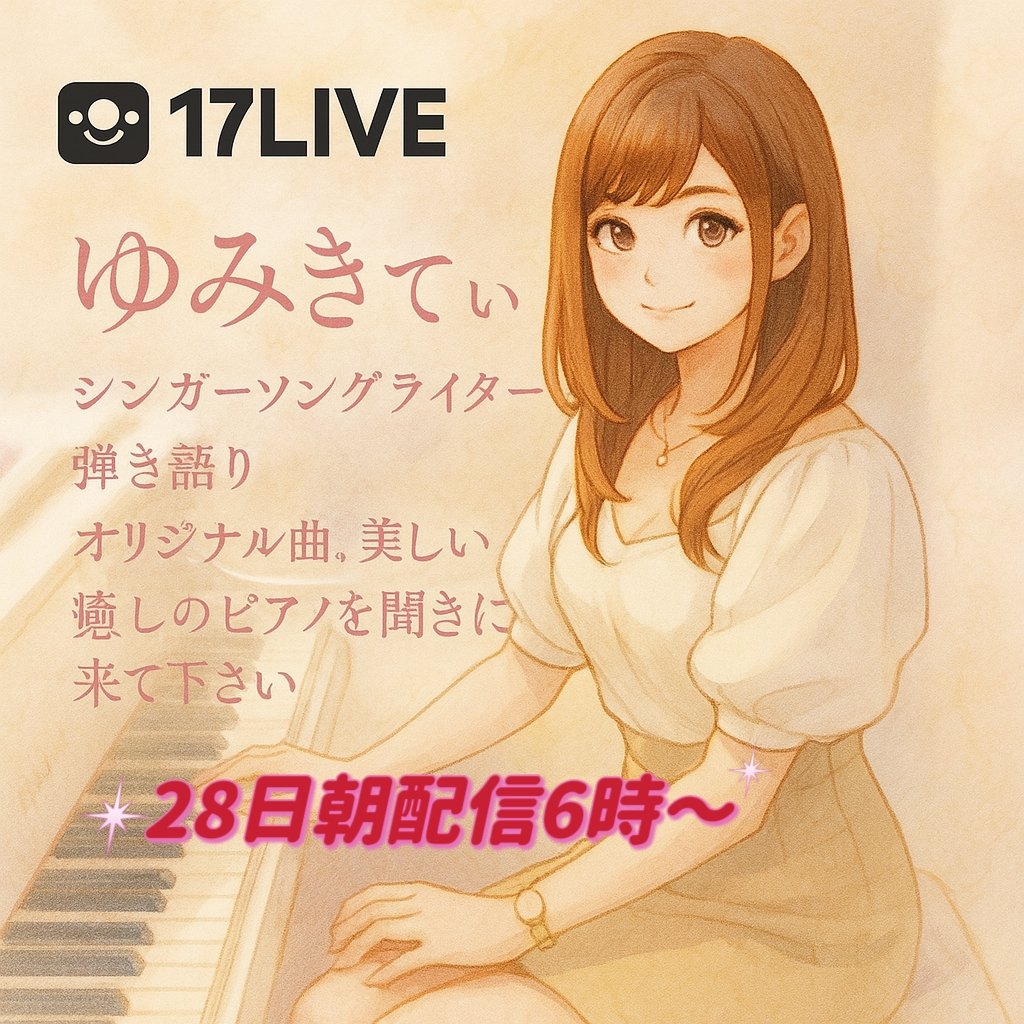 フォロワーの皆様お疲れ様です☺️
シンガーソングライターのゆみきてぃです🎹
28日朝、6時過ぎから17LIVEにて朝配信します✨
美しいピアノの音で癒しますね✨
朝活、通勤中、朝余裕ある方、ぜひ来て見てね！1日を穏やかな気持ちでスタート出来ますよ🥰