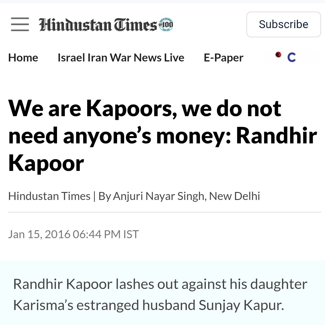 Father Randhir Kapoor during divorce saga in 2016:

"Everyone knows our credentials. We are Kapoors. We don’t need to run after anyone’s money. We have been blessed with not only money, but our talent can support us for the rest of our lives,” he said in an interview with