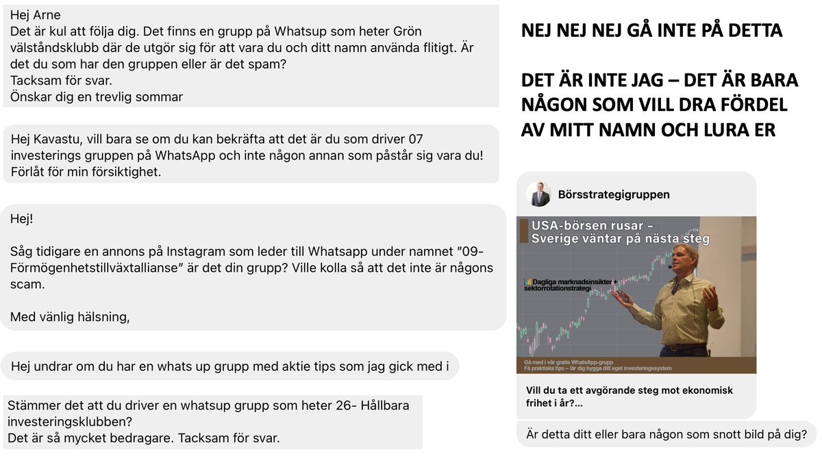 Folk ringer, skickar mejl, hör av sig på FB, Insta och Whats up. Nej det är inte jag - DET ÄR LURENDREJERI. Jag driver inga grupper som ger rådgivning. Jag levererar endast börsinformation och webinarer till betaltjänsten <a href="/NeuroQuantNQ/">NeuroQuant</a> ALLT ANNAT ÄR SCAM