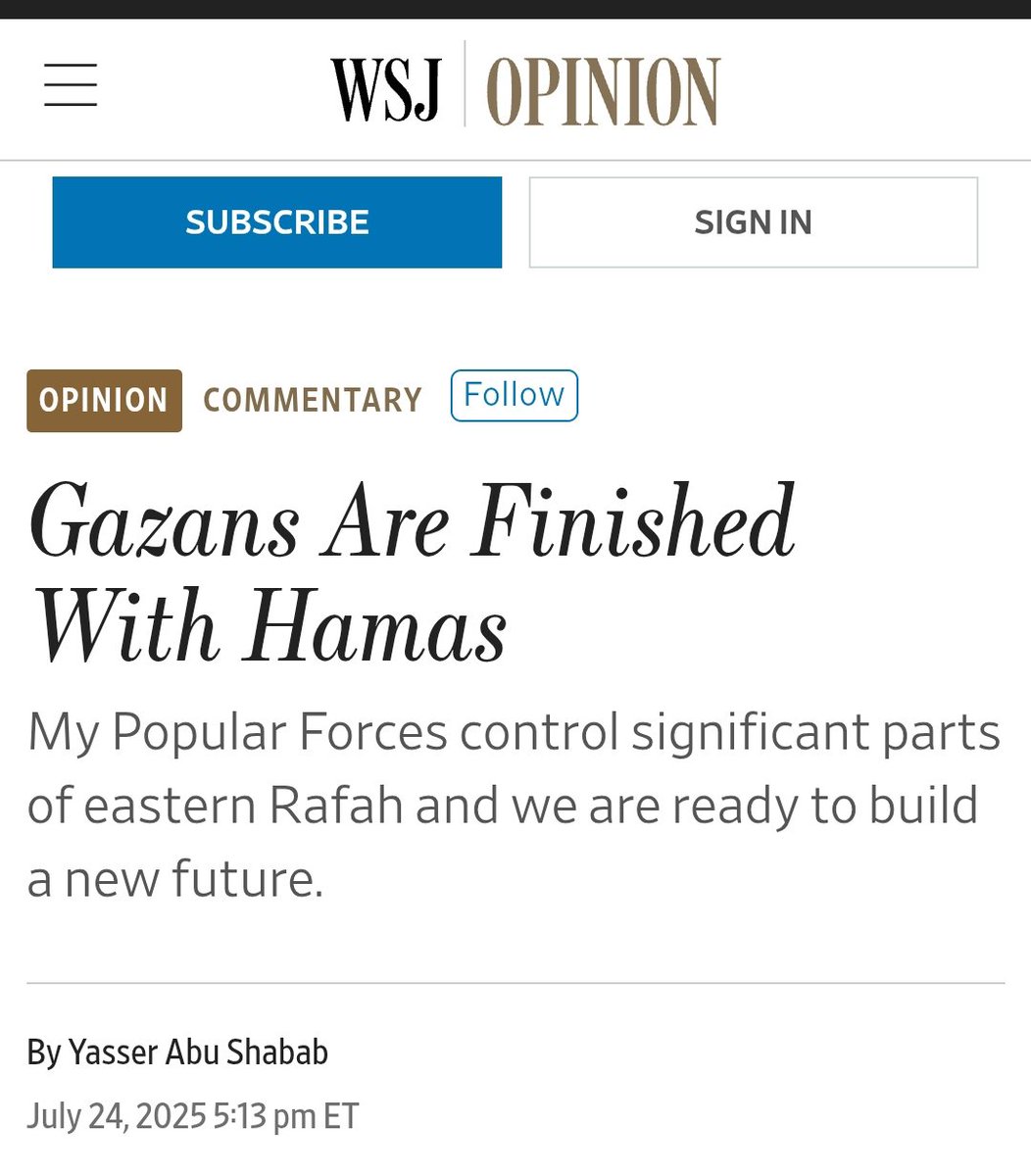 sana2's tweet image. There's an op-ed in WSJ supposedly written by Yasser Abu Shabab, who's an ex drug dealer & currently the leader of a tiny petty gang that loots humanitarian aid in Gaza under the protection of IDF. Looking at his online persona in Arabic, this man is most probably illiterate.