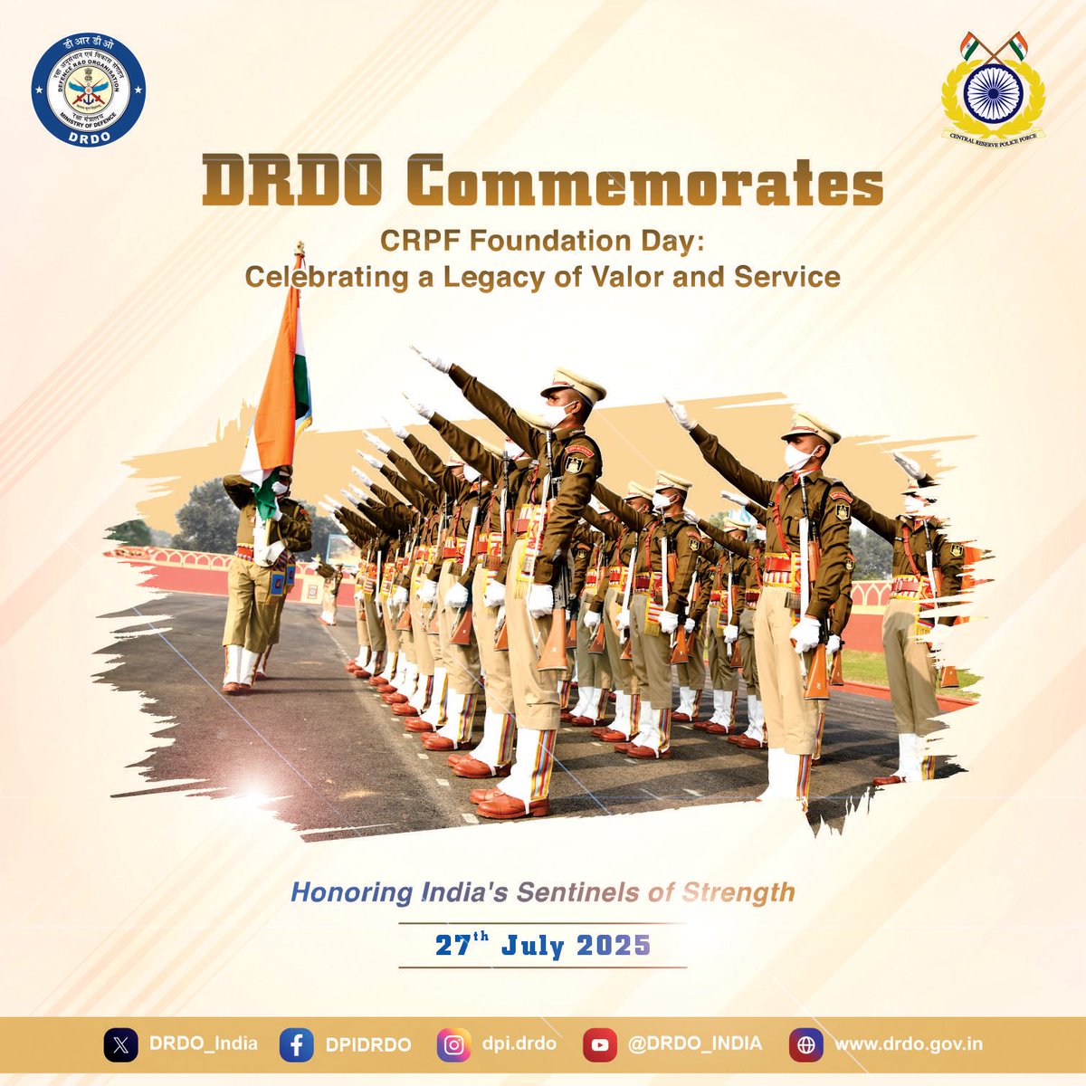 DRDO_India's tweet image. On #CRPFFoundationDay, #DRDO honours the indomitable spirit of the CRPF. The valour of these sentinels fuels our mission to build cutting-edge defence solutions.

 #CRPF #JaiHind #ServingTheNation #DefenceInnovation
