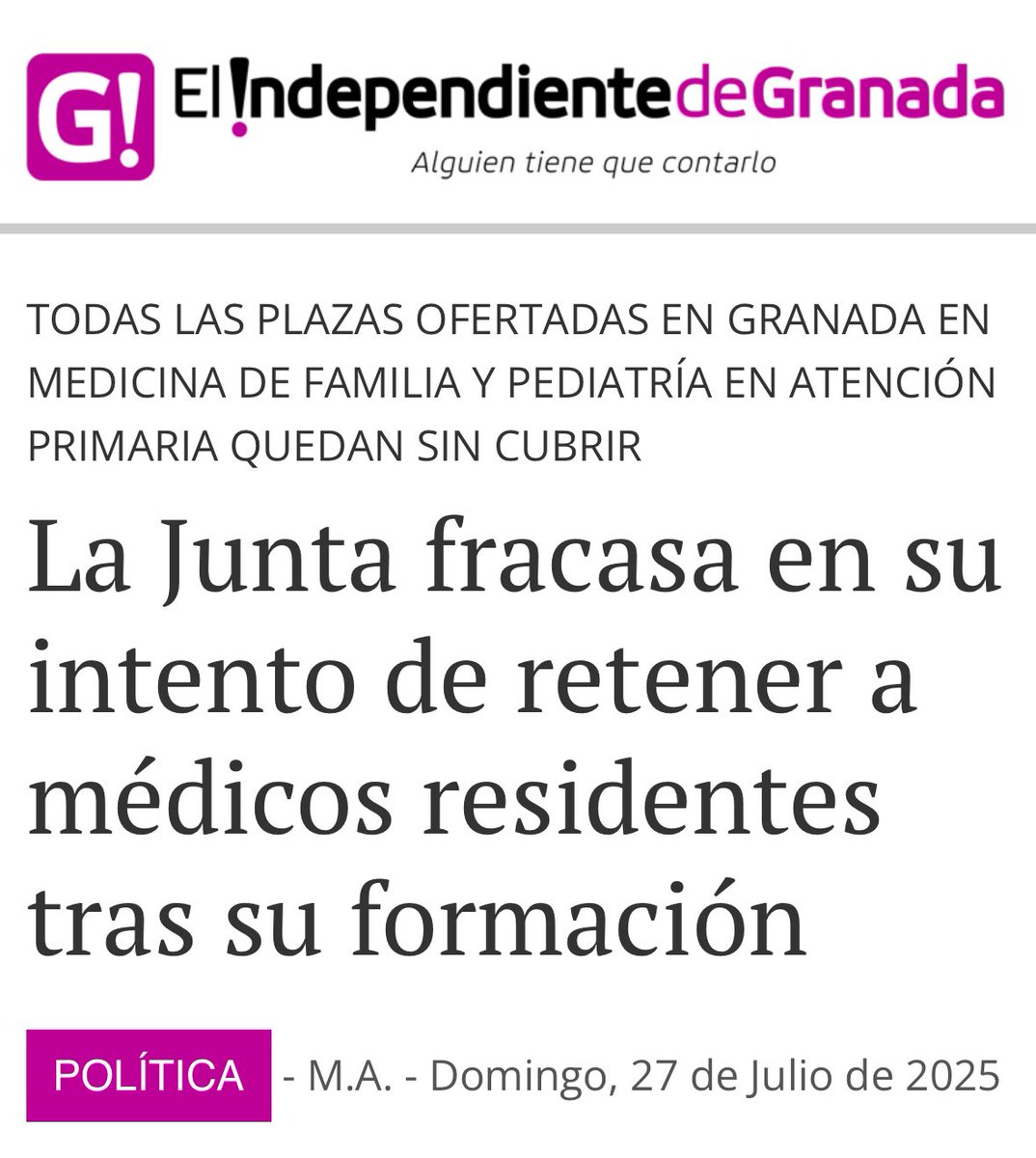 📣No faltan médicos, faltan condiciones laborales dignas y atractivas

El 82% de plazas de #AtencionPrimaria y el 96% de #Pediatría RECHAZADAS

🔴En #Granada TODAS RECHAZADAS

⁉️Donde van los últimos 1.300 médicos/as #MIR formados?

🔻A otras CCAA
🔻O… a la Privada!

‼️BINGO‼️