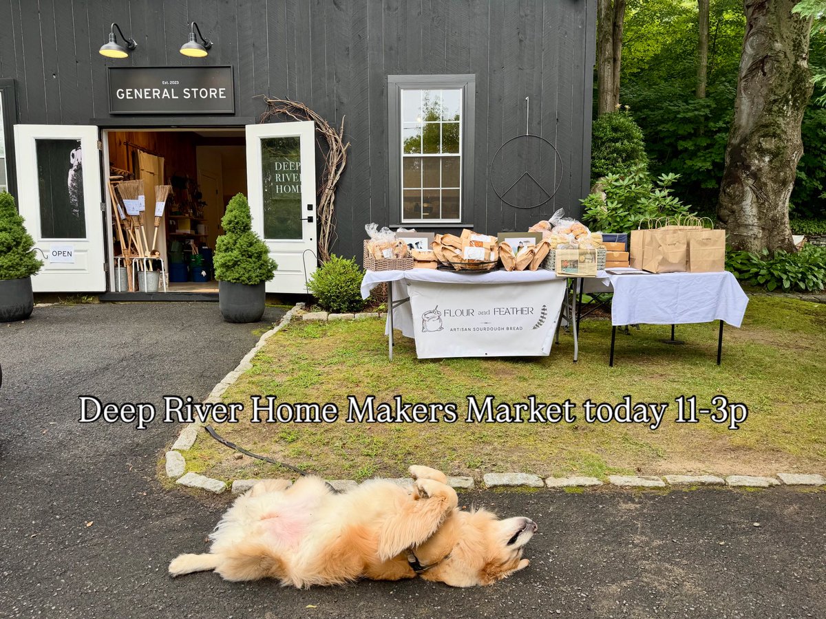 Even the dogs know where the good stuff is (bonus that it’s a golden 💛. Stop by Deep River Home Makers Market today from 11-3p to get your sourdough fix as well as check out some other amazing vendors! #sourdough #bread #homebaker